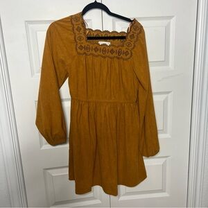 loveriche Mustard Corduroy Embroidered Long Sleeve Mini Dress Size S NWT Style